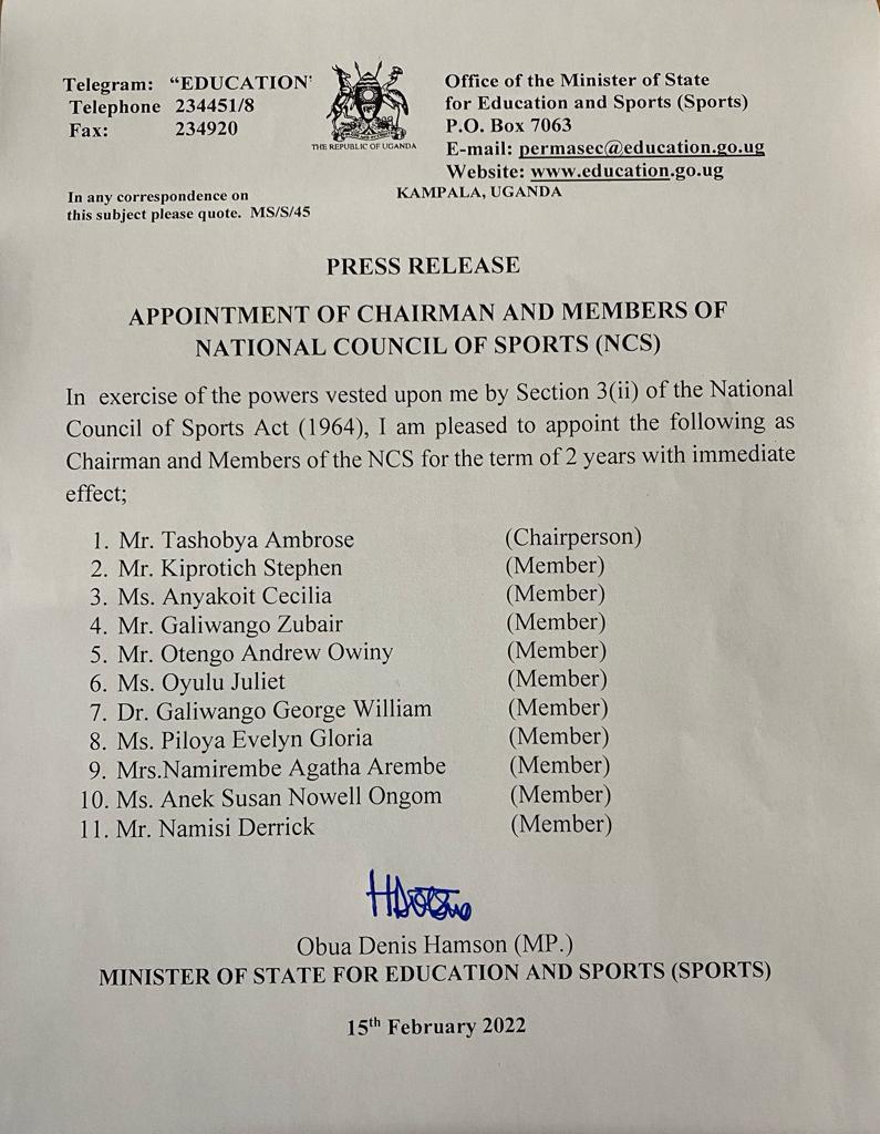 BREAKING NEWS

Appointment of new Chairman and Members of National Council of Sports

Details to follow