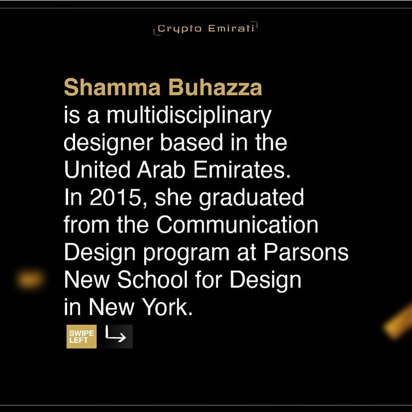 CryptoEmirati's tweet photo. #Emirati Artist @ShammaBuhazza , a graduate of Parsons, is known for her interest in typography and #digital #artwork. She is one the artists who contributed to the #CryptoEmirati #NFT collection. Visit the website to see more of her work https://t.co/87ZzU7NmXV https://t.co/dmWyBDfBcz