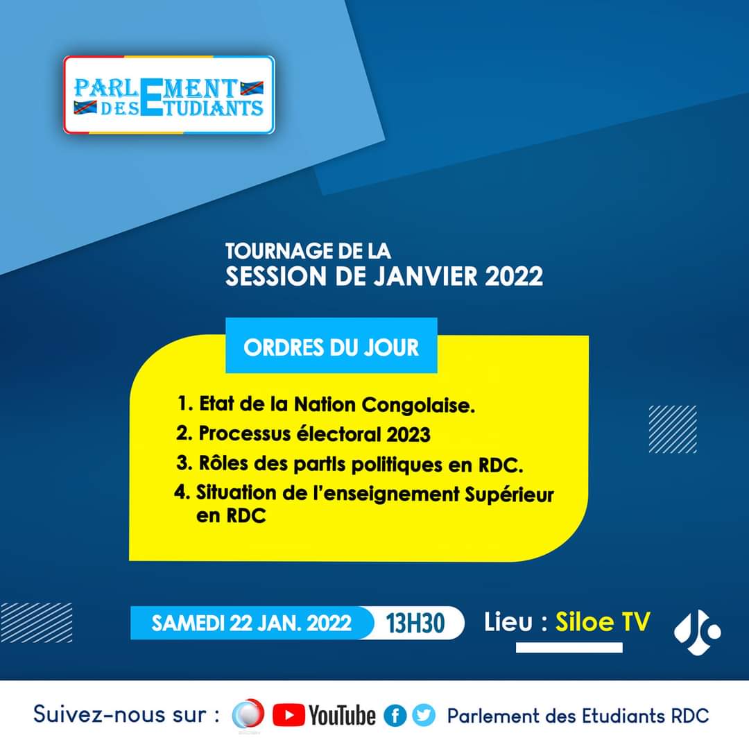 PECRDC's tweet photo. @SonyNgandu @andrekakubu1 @Icone_Carbone @leParrainRDC @PatrickMuyaya @colizuba @DanielMbau11 @NoelKTshiani @Sergemadika @PatrickKabeng12 @IyendaOfficiel @HonoreMvula1 @MariusMihigo @Fabbesana01 @FatherLomandja @Satellite_Cgl @central_sage Session de janvier 2022,
4ème ordre du jour ,
Situation de l'esu en RDC .  

A suivre sur siolé tv et bientôt sur notre chaine YouTube. https://t.co/FDEXPkpJFK