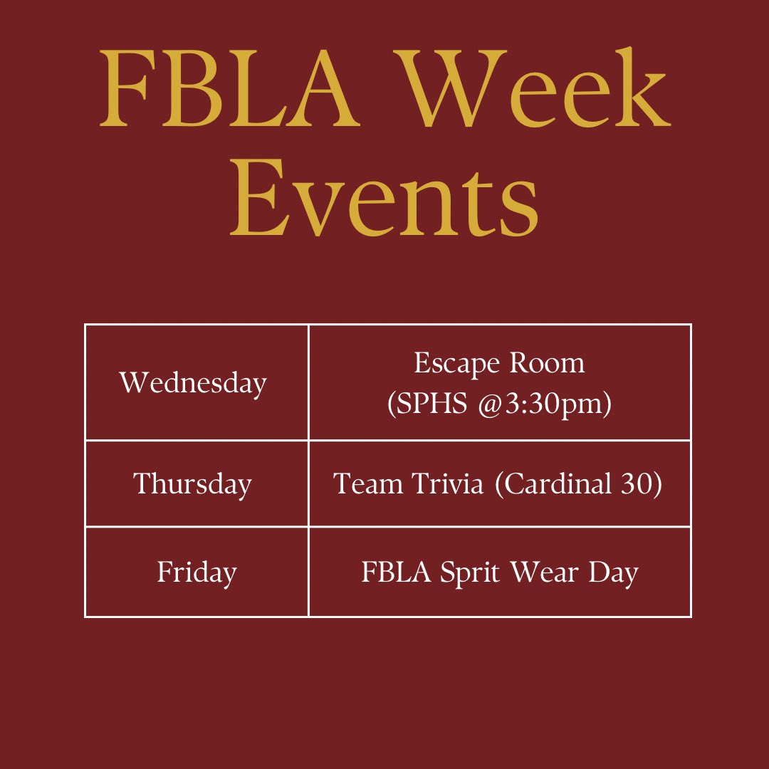 SunPrairieFBLA's tweet photo. We have two exciting social events coming up this week, as well as spirit wear day on Friday. Be sure to wear your FBLA t-shirt on Friday! Pizza will be provided at the escape room on Wednesday. Make sure to fill out this form so we know who’s coming! https://t.co/X7BmrhYbvf https://t.co/JulzWaHGaM