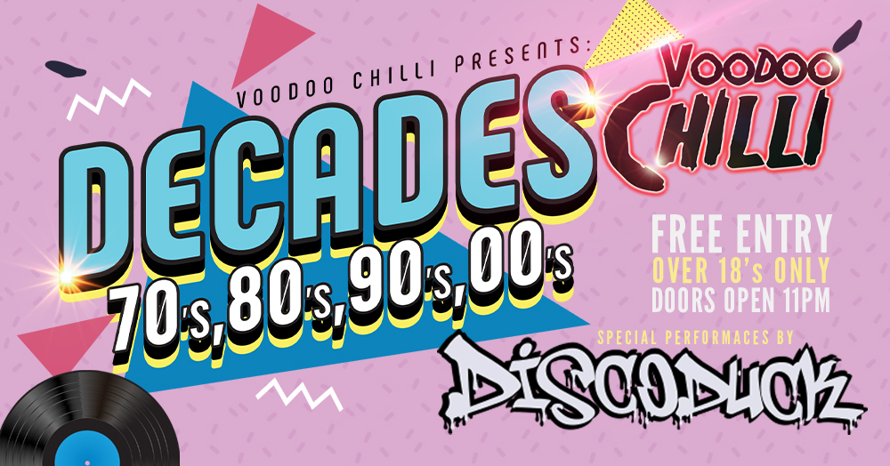 VoodooChilliBar's tweet photo. THIS SATURDAY AT VOODOO CHILLI!! 👀❤️
📀📀 THROUGH THE DECADES!!! 📀📀
⏰ DOORS OPEN at 11PM ⏰
🔞 OVER 18's ONLY 🔞
🎫 FREE ENTRY 🎫 https://t.co/xhu1gB9XeO
