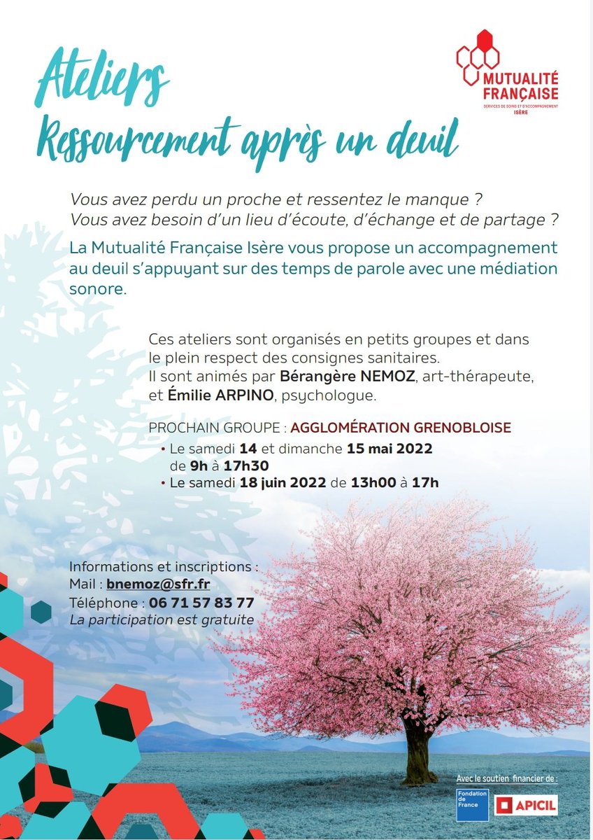 Après 2 ans de pandemie marquées par de nombreux décès prématurés, la <a href="/Mutualite38/">Mutualité Française Isère</a>, avec le soutien de <a href="/Fondationfrance/">Fondation de France</a> et @GroupeAPICIL, poursuit son action d'accompagnement au deuil pour toutes les personnes qui en éprouvent le besoin.

Renseignements ⤵️
mutualiteisere.org/ut-actualites/…