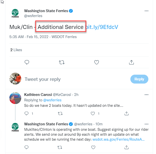 ScottA_SEA's tweet photo. @wsferries @KeCarosi Kathleen is asking why the 5:35am tweet mentions additional service when the current webpage linked still says Alternate (1 boat service) is happening. See snippet below (I was on 4:40am)  :) https://t.co/G5vi49bTDH