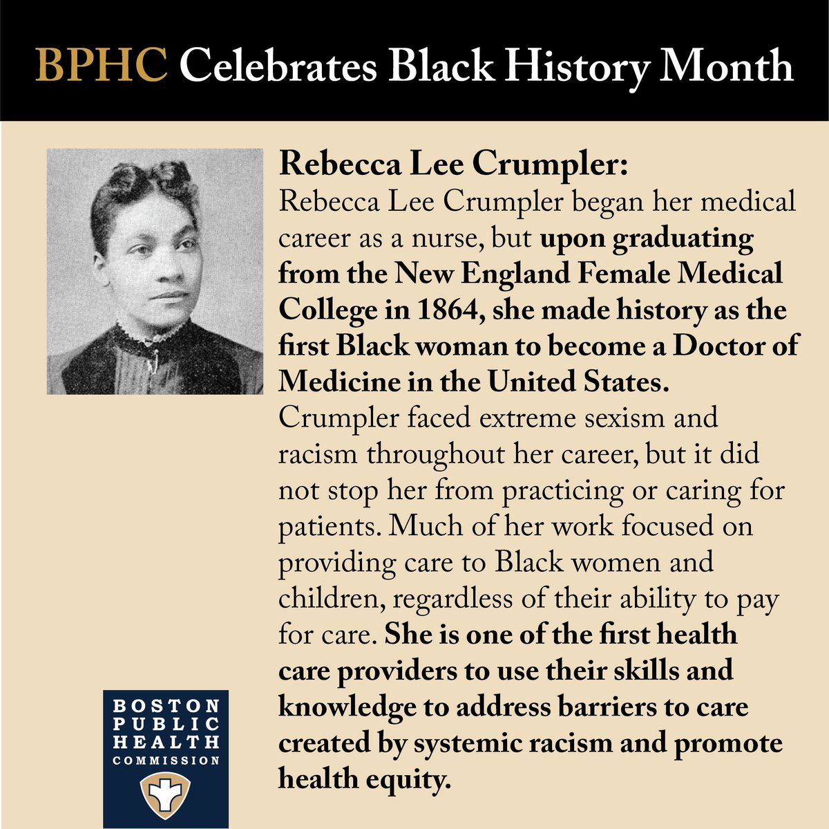 HealthyBoston's tweet photo. Rebecca Lee Crumpler was the first Black woman to become a Doctor of Medicine in the United States and champion for equity who provided care to Boston's Black community, breaking down the barriers that prevented many from accessing healthcare. #BlackHistoryMonth #bospoli https://t.co/rclmQW3RWt