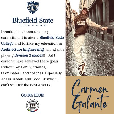 COMMITTED!!

Let’s hear it for <a href="/03Tfe/">Tonka Fusion Elite 03 Girls</a>’s <a href="/carmengalante22/">carmen galante</a> and her commitment to continue her education/soccer with <a href="/GoBigBlueSoccer/">Bluefield State Women’s Soccer</a>!  Bluefield State is getting a great player with excellent foot skills, field vision, &amp; accurate shots!  Way to go Carmen!
#GoBigBlue
<a href="/TonkaFusionMN/">Tonka Fusion Elite | #65Strong</a>