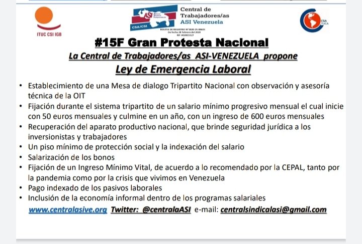#15Feb <a href="/asicarabobo/">CENTRAL ASI CARABOBO</a> presente en la #ProtestaNacional 
Por:
*SalarioDigno
*Empleo
*Protección social
*Libertad Sindical
Ley de emergencia laboral.
Unidos en defensa de  los derechos de los trabajadores
Derecho que no se defiende, derecho que se pierde.
<a href="/CentralASI/">Central ASI Vzla</a>
<a href="/CSA_TUCA/">CSA-TUCA</a>
<a href="/ituc/">ITUC</a>