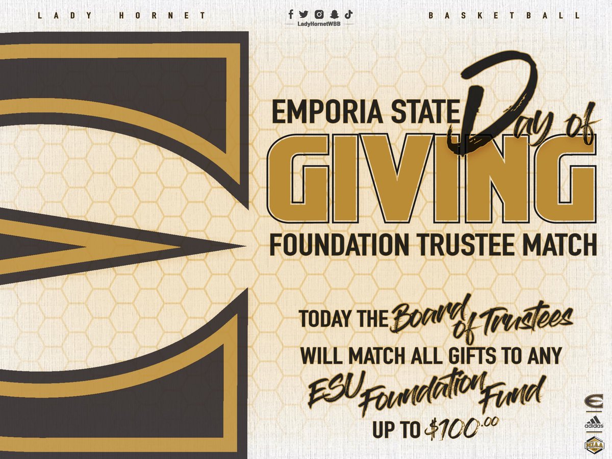Our Foundation Board of Trustees will match gifts to any ESU Foundation fund up to $100 until the matching funds reach $10,000! Thank you for the support!

🚨🚨 Click the link below &amp; in the designation drop down select OTHER…

Type EMPORIA STATE WBB

🔗: hornetnation.emporia.edu/dayofgiving?er…