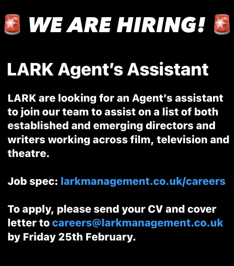 LARKmanagement's tweet photo. ⭐️⭐️⭐️ WE ARE HIRING! ⭐️⭐️⭐️
LARK are looking for an Agent's Assistant to join our team, assisting across a list of both established and emerging directors &amp; writers working in Film, TV &amp; theatre. 
Full details at https://t.co/3LyFk5UAiB
⬇️⬇️⬇️⬇️ https://t.co/Z1t4veCiaZ
