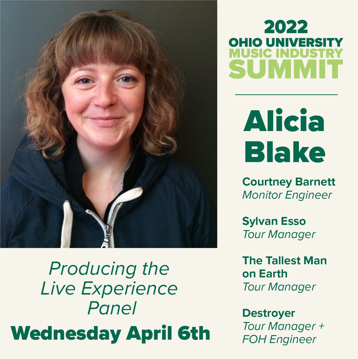 ohio_mis's tweet photo. ANNOUNCING: Alicia Blake joins the Producing the Live Experience panel on Wed, 4/6. Blake has extensive experience across the live music sector, serving in roles including monitor engineer for Courtney Barnett and tour manager for acts like @SylvanEsso, @tallestman, &amp; Destroyer. https://t.co/8l70zpVD0I