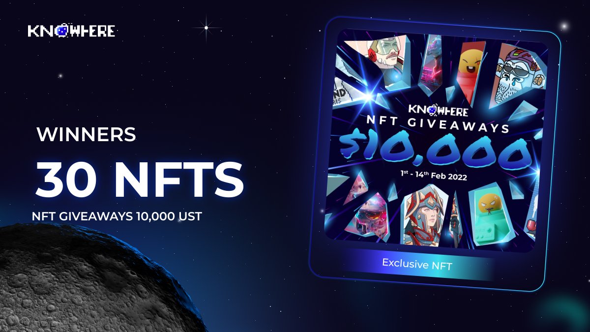 knowhere_art's tweet photo. 📣 Here are your winners of the @knowhere_art #NFTGiveaways 
Sweepwidget Contest! 🎰🎁 

🏆 #LUNAtics thank you for being a part of @terra_money’s biggest ever NFT event 🎟 🙏 

Strap in because there’s much more to come out of Knowhere 💫 🚀🌙 

#knowhereispeople $LUNA #nftart https://t.co/MI3cxkOlhz