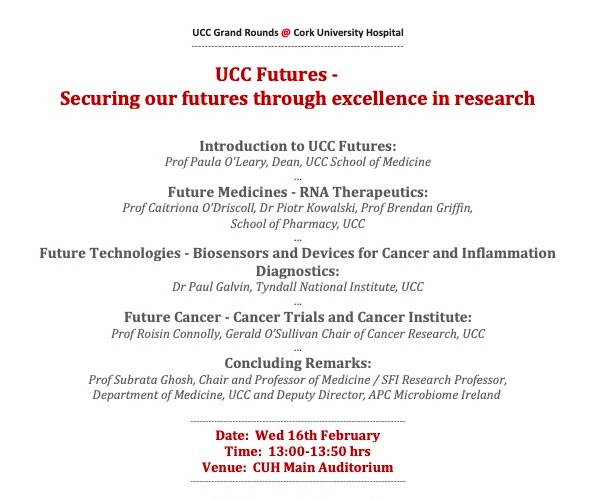 Really excited to hear Prof Caitriona O'Driscoll, <a href="/Pieterk007/">Piotr Kowalski</a> and <a href="/bannerboyo/">Brendan Griffin</a> present on RNA Therapeutics  <a href="/UCC/">UCC Ireland</a> #GrandRounds <a href="/CUH_Cork/">Cork University Hospitals</a> this week. 🧬👩‍🔬

<a href="/Pharmacy_UCC/">UCC Pharmacy School</a> <a href="/RNAmeds/">RNAMEDs</a> #UCCFutures #FutureMedicinesUCC