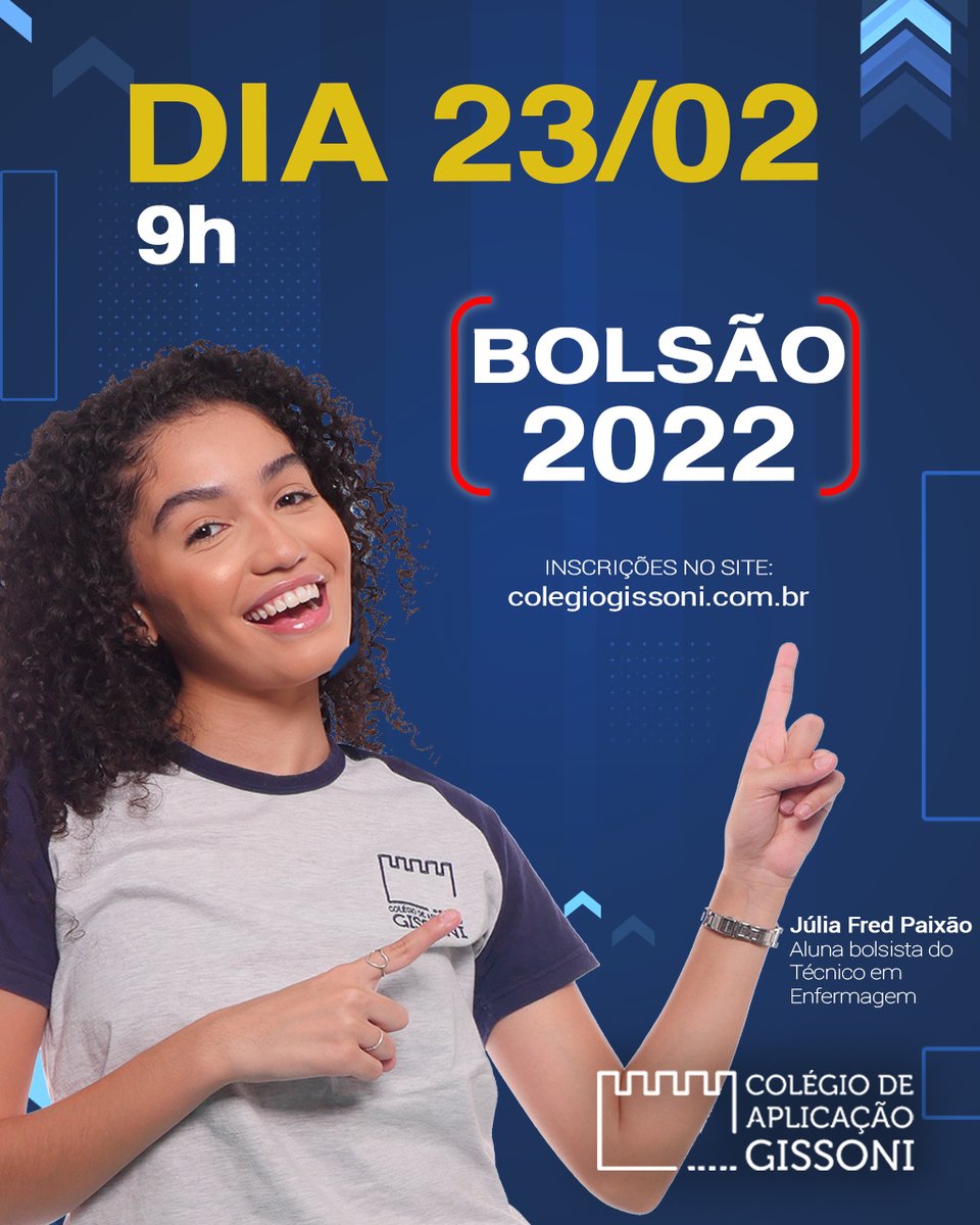 Ainda dá tempo para você conseguir uma bolsa no maior colégio da região!

Faça nossa prova do Bolsão dia 23/02.
Inscrições em nosso site.

#Bolsão2022 #ColégioGissoni #EnsinoTécnico #EnsinoMédio