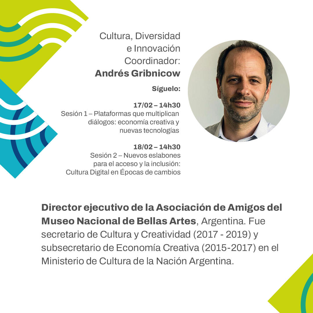 👨<a href="/AndresGribnicow/">Andres Gribnicow</a>, coordina el tercer eje de #CILPE2022: "Cultura, #Diversidad e Innovación" que tratará la relación entre la #cultura y el desarrollo, buscando identificar los nuevos hábitos de la creación, producción y participación cultural de los países iberoamericanos.