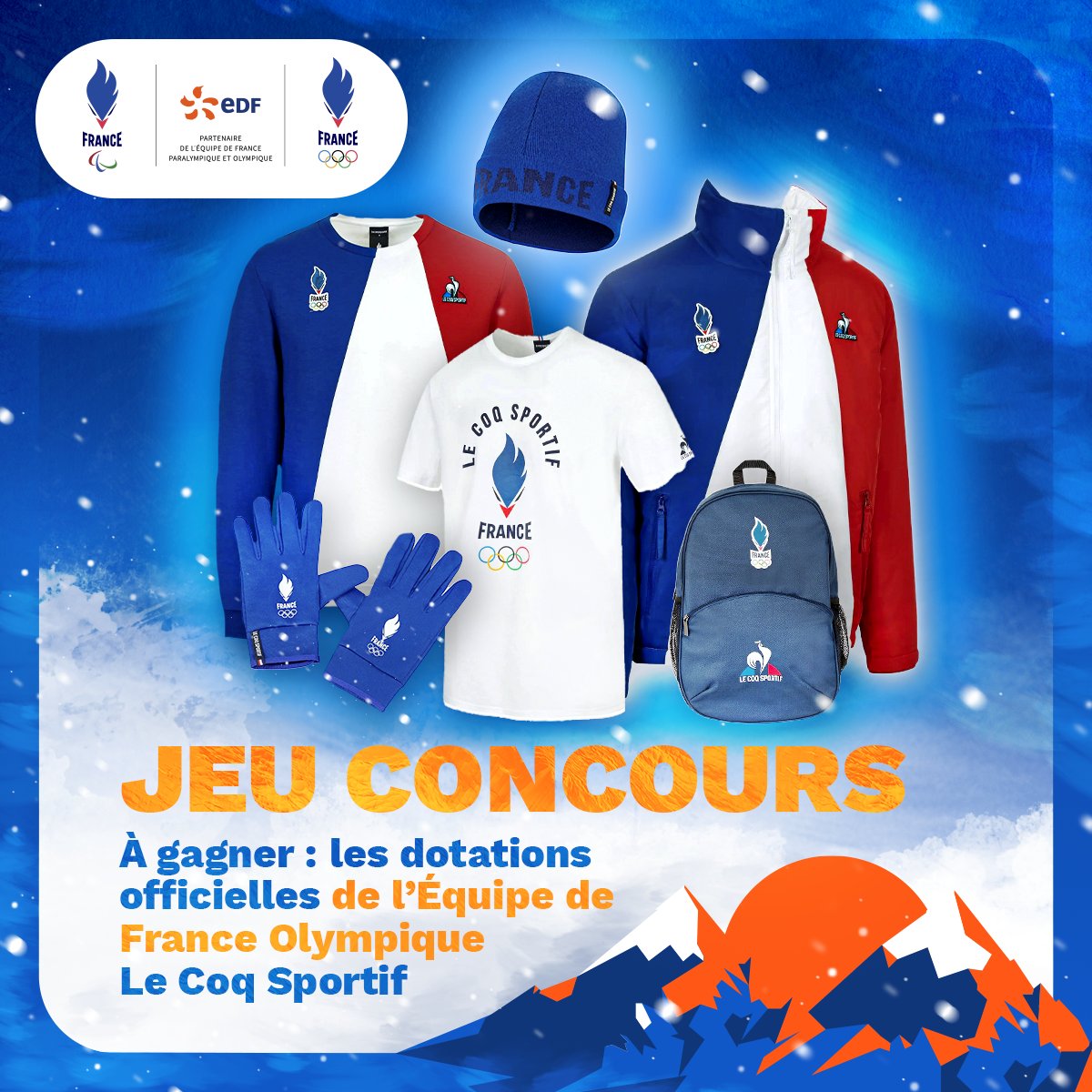 🎁 JEU CONCOURS 🎁
Pour continuer de soutenir nos Bleus à Pékin, tentez de gagner 1 tenue de l’Equipe de France Le Coq Sportif ! Pour participer :
1️⃣ Suivez le compte @energiedusport  
2️⃣ RT ce tweet
Tirage au sort le 24 février à 18h ! Bonne chance à tous ⚡ #EnergieduSport