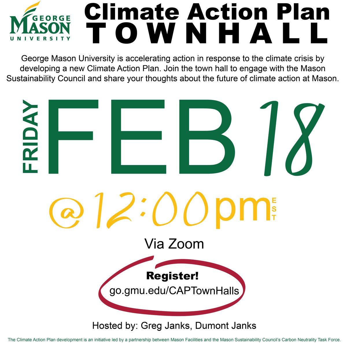 sustainMASON's tweet photo. Attend the Climate Action Plan Townhall via Zoom on February 18th at 12PM! Register here: https://t.co/LNCPePoJmc https://t.co/ACGttoBNsR