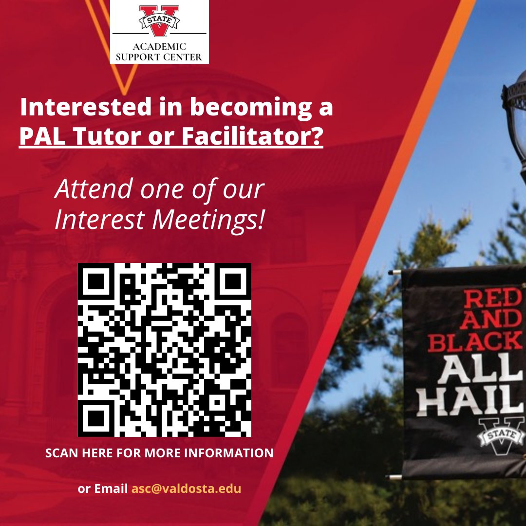 VsuAsc's tweet photo. Interested in becoming a PAL Tutor or PAL Facilitator for Fall 2022? Stop by one of our Interest Meetings to find out how! Scan the QR code or visit https://t.co/QstQbDjBcj for information on employment opportunities and Interest Meeting dates and times. https://t.co/vLfv3zyuve