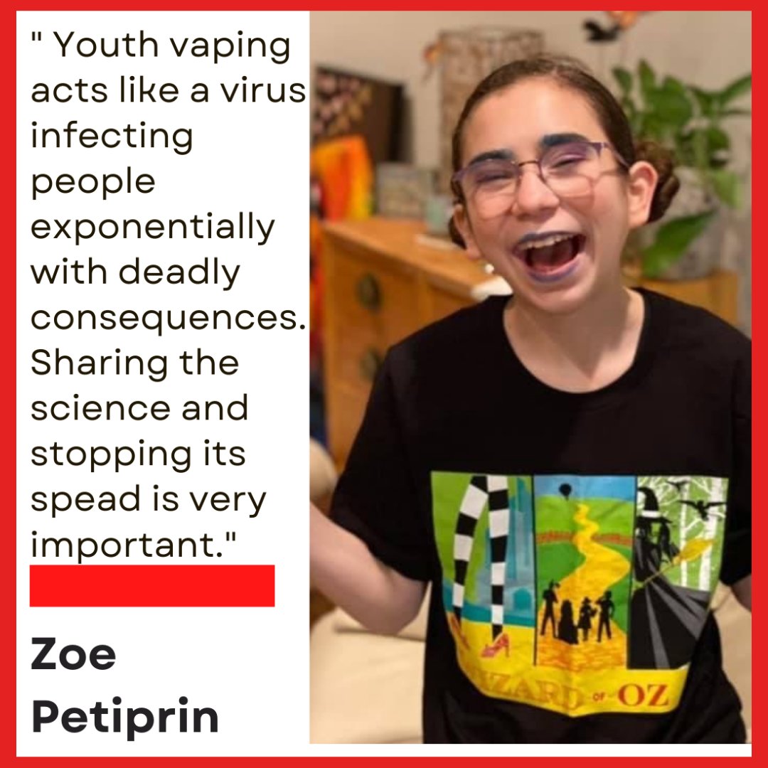 VAPERACE_Center's tweet photo. Meet a YAC member! Zoe is in 9th grade and loves solving math and physics, watching Queer Eye and New Amsterdam with her mom. She wants to “make the realities of the youth vaping epidemic more prominent in mainstream America and help those affected by vaping”. 
#endyouthvaping https://t.co/9RZV8a2sHT