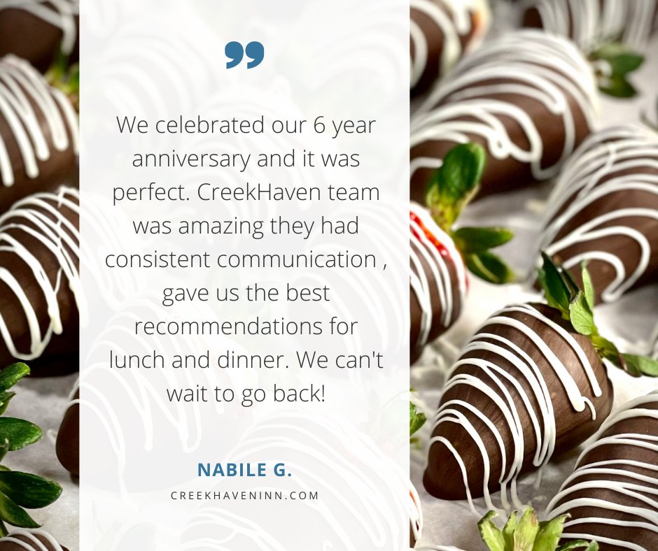 Thanks Nabile! We love helping couples celebrate their anniversary. We offer so many little romantic touches to make it extra special. Book your romantic getaway today: creekhaveninn.com #couplesvacation #couplesgetaway #anniversaryideas #romanticvacation