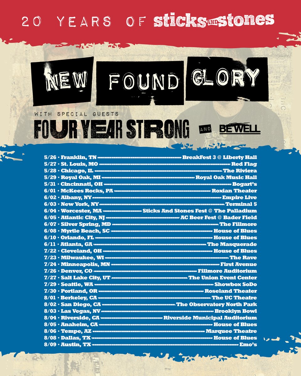 newfoundglory's tweet photo. Our Sticks And Stones album turns 20 this year and we're celebrating all over the country with our friends Four Year Strong and Be Well! Pre-sale tickets and VIP Packages for the tour are available now at https://t.co/1pHmQBKGJk! https://t.co/q7jFB2axtX