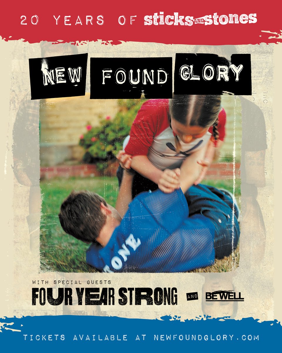 newfoundglory's tweet photo. Our Sticks And Stones album turns 20 this year and we're celebrating all over the country with our friends Four Year Strong and Be Well! Pre-sale tickets and VIP Packages for the tour are available now at https://t.co/1pHmQBKGJk! https://t.co/q7jFB2axtX