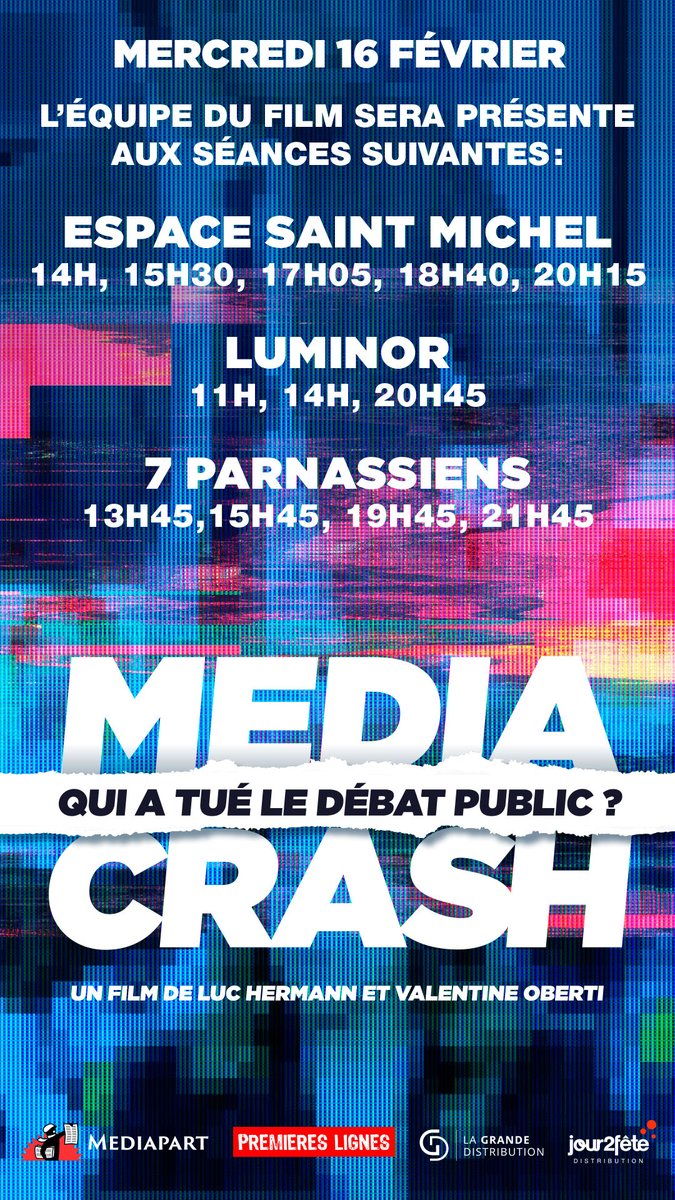 barb4ry's tweet photo. #MediaCrash c'est parti !
Avant-première ce soir sur le site de @Mediapart pour les abonnés et dès demain au cinéma.
Ci-dessous les salles parisiennes qui projetteront le film : https://t.co/FiqqwbttPy