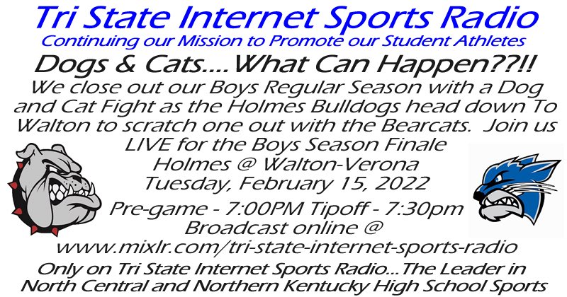 GAMEDAY…our final boys broadcast of the regular season as <a href="/holmesbball/">Holmes Basketball</a> comes down to <a href="/WVBoysHoops/">WVBoysHoops</a> in a Dog &amp; Cat fight. If you can’t make the game, the broadcast link is Mixlr.com/Tri-state-Inte…. Join us LIVE as we close out the regular season. <a href="/TheCastleHHS/">Holmes High School</a> <a href="/WVBearcats/">Walton-Verona Athletics</a>