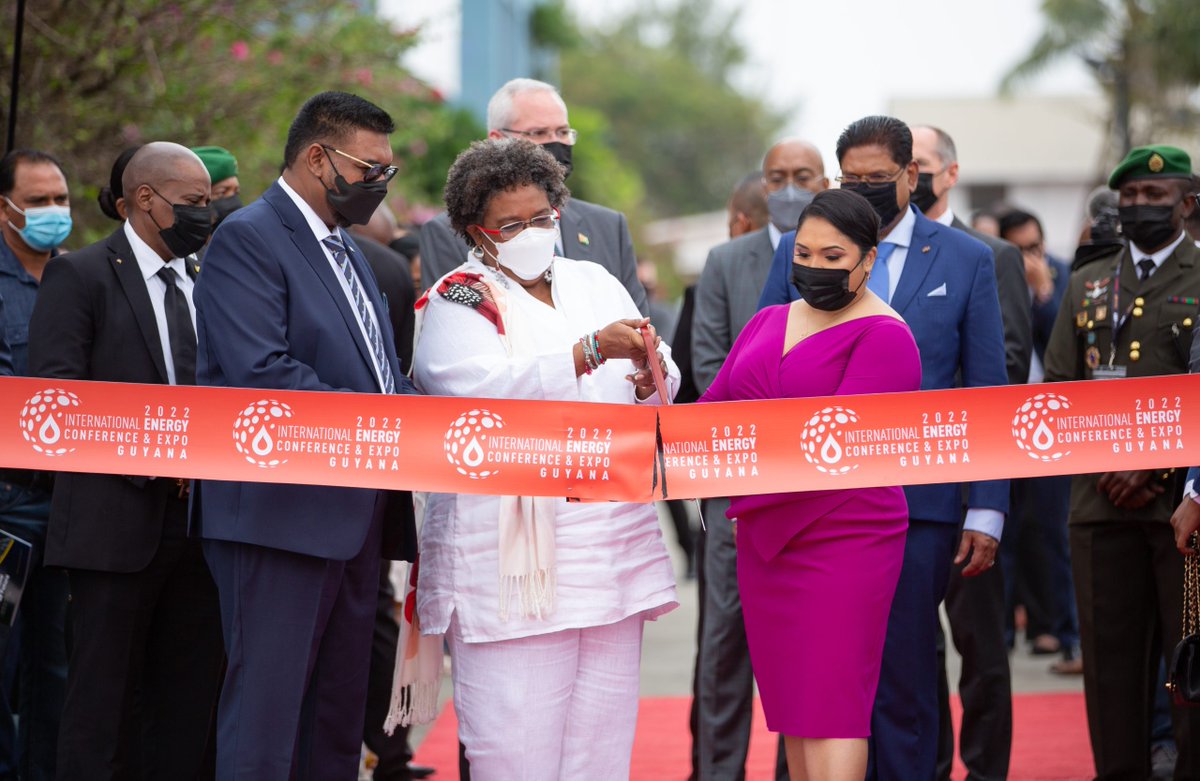 President @DrMohamedIrfaa1 (left), Prime Minister of Barbados @miaamormottley (center) and First Lady of Guyana Mrs Arya Ali cut the ribbon to officially declare open Guyana’s 2022 International Energy Conference at the Marriott Hotel in Georgetown #Guyana