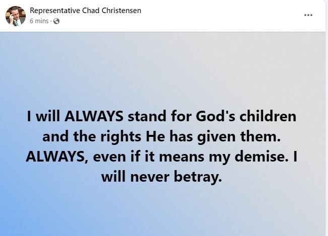 whitesheepranch's tweet photo. #MadChad edited his post to make the language sound more biblical. Seems to be talking about dying-for-the-cause again.
He's not suited to be a legislator; he's a walking #MartyrComplex.
#idleg #idpol #chadchristensen @realamasalyman https://t.co/v2bg8CbkPP