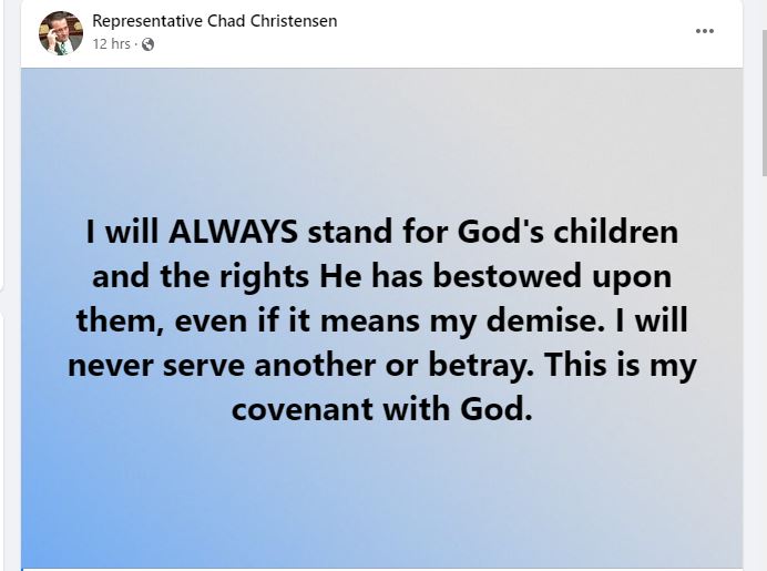 whitesheepranch's tweet photo. #MadChad edited his post to make the language sound more biblical. Seems to be talking about dying-for-the-cause again.
He's not suited to be a legislator; he's a walking #MartyrComplex.
#idleg #idpol #chadchristensen @realamasalyman https://t.co/v2bg8CbkPP