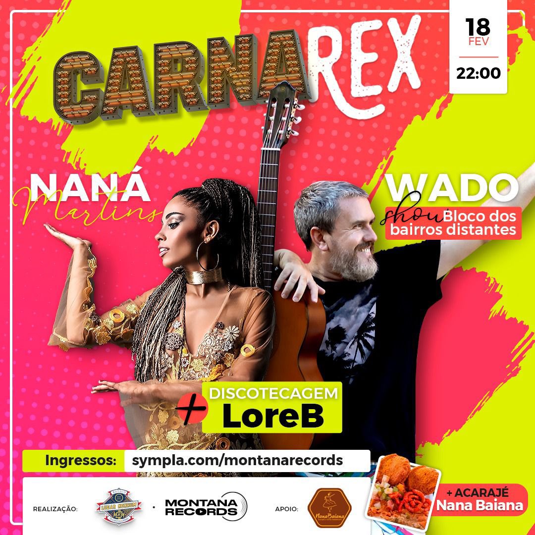 E essa novidade “nova”? 

Sexta tem bailinho lá no rex com <a href="/ohnanavey/">Naná Martins</a> (nana Martins) e <a href="/wado/">Wado</a> cantando o o bloco dos bairros distante + discotecagem com <a href="/lore_loreb/">Lóribê</a>, a noite promete ser uma delícia, se chegue que os ingressos antecipados tão voando. 

Sympla.com/produtor/monta…