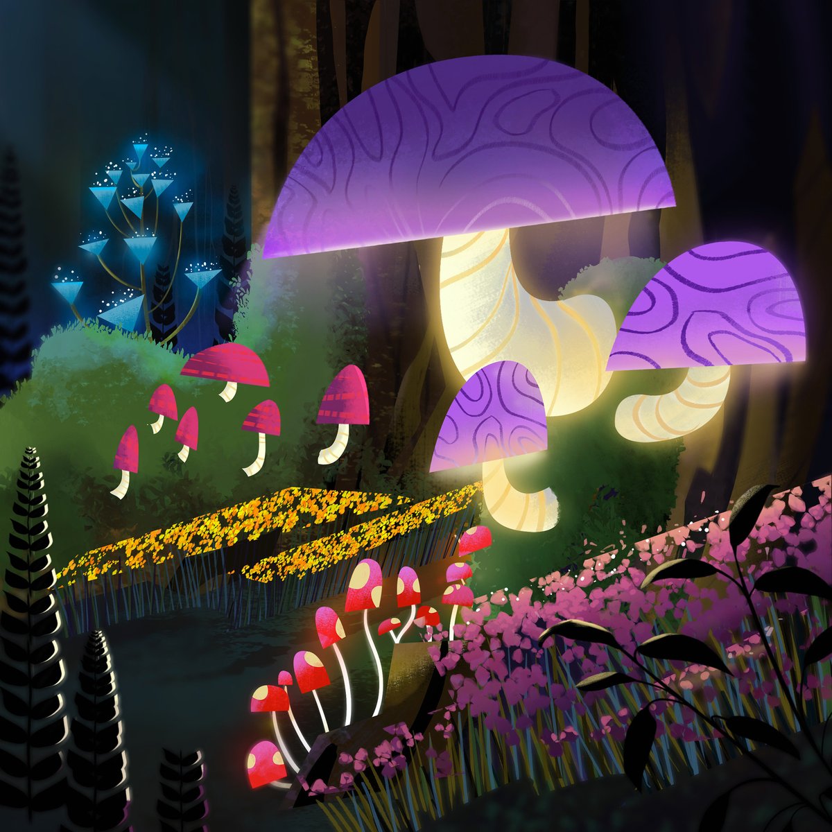 KyoBG's tweet photo. “ Natures Nightlights” - was the idea I had in mind here. The promised stylized mushrooms and some plants! Doing this page was a lot of fun and perplexed me a bit, going to make up some more mushrooms next! Maybe a prop page of them! https://t.co/8qwiQIMird
