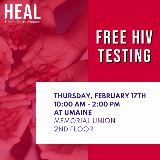 MEHealthEquity's tweet image. Join HEAL at The University of Maine Orono campus for free HIV and Hepatitis C testing, no appointment necessary! Thursday, February 17th from 10am to 2pm on the second floor of the Memorial Union.
#HEAL | #HIVTesting | #HepatitisCTesting | #KnowYourStatus | #GetTested | #UMaine