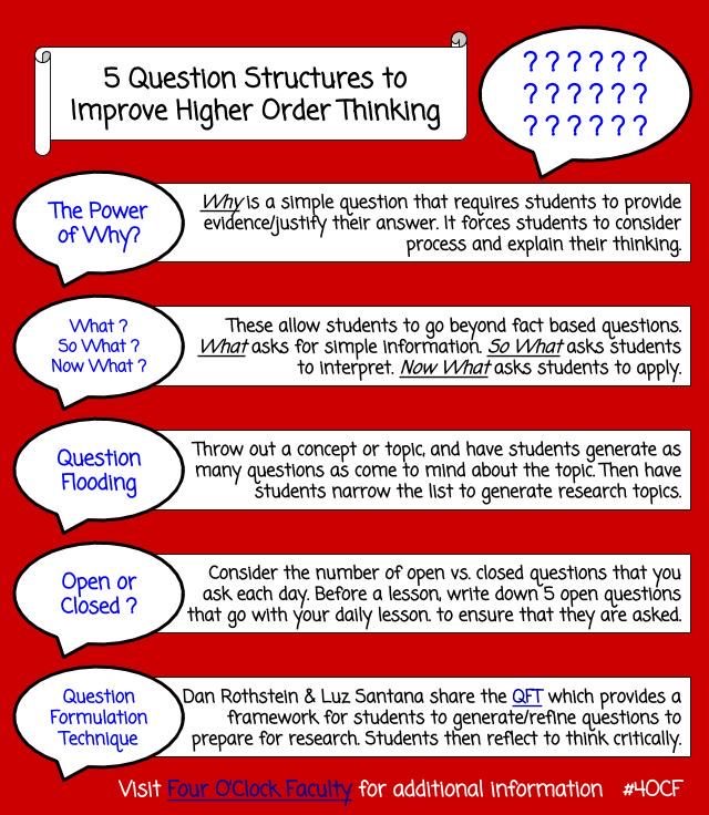 5 Question Structures to Improve Higher Order Thinking

bit.ly/2VLasT9 📸@4oclockfaculty
#edchat #teaching #academictwitter
