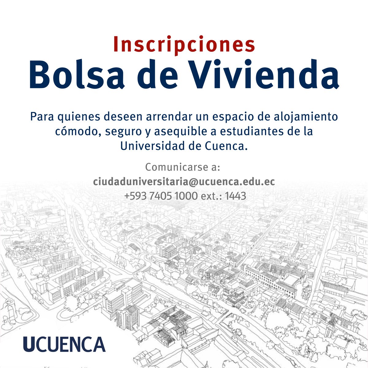 Ciudad_Uni's tweet photo. Se parte de la Bolsa de Vivienda UCuenca, si tienes un espacio de alojamiento en la ciudad de Cuenca y deseas brindar el servicio de arrendamiento para nuestros estudiantes, comunícate con nosotros a:

cuencaciudaduniversitaria@ucuenca.edu.ec
Telf.: +593 74051000 ext.: 1443 https://t.co/OqX3dnArm6