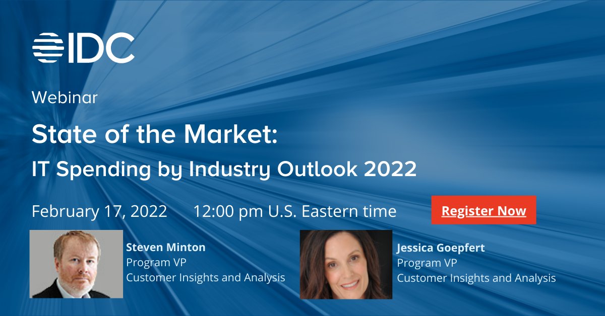 IDC's tweet photo. IDC's State of the Market Webinar on February 17th provides an update on the information and communications technology (ICT) market and an outlook for technology budgets in 2022 with a focus on industry trends and forecasts. Details and registration at https://t.co/JuPaIq9E44 https://t.co/B1Lumyh8s7