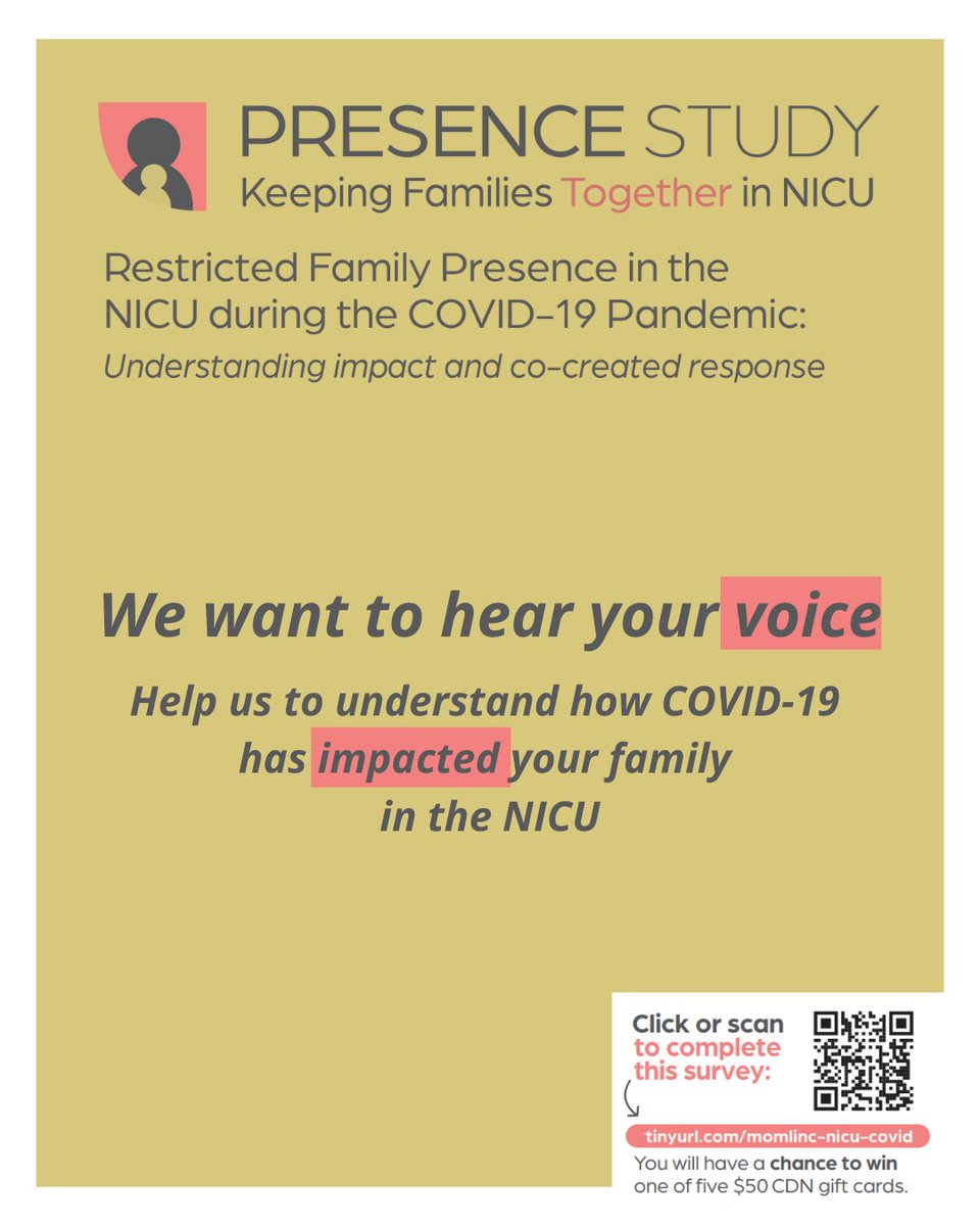 canadianpreemie's tweet photo. The PRESENCE Study team wants to hear from you. Please fill out this survey. Your voice can continue to inform Canadian national recommendations for NICU parental presence policies going forward! 

https://t.co/jVILlMI1nf 

#zeroseparation #togetherforbettercare https://t.co/8Vjw0OkceD