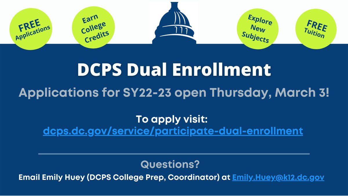 DCPS high school students can earn college credit for free through our Dual Enrollment programs.  Applications for school year 22-23 open tomorrow, March 3rd! Visit dcps.dc.gov/service/partic… to learn more and apply! #DCPSGoesToCollege