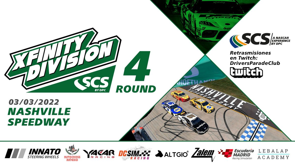 🏆STOCK CAR SERIES 2022🏆

🥈XFINITY DIVISION🥈

Cuarta carrera de la temporada. ¡Llegamos al ecuador de la Xfinity Division!

📍Nashville
⏰21:35h (Madrid)
📺Retransmisión oficial: twitch.tv/driversparadec…
⌚️Live Timing: livedpc.noflyarea.es

¡TE ESPERAMOS!