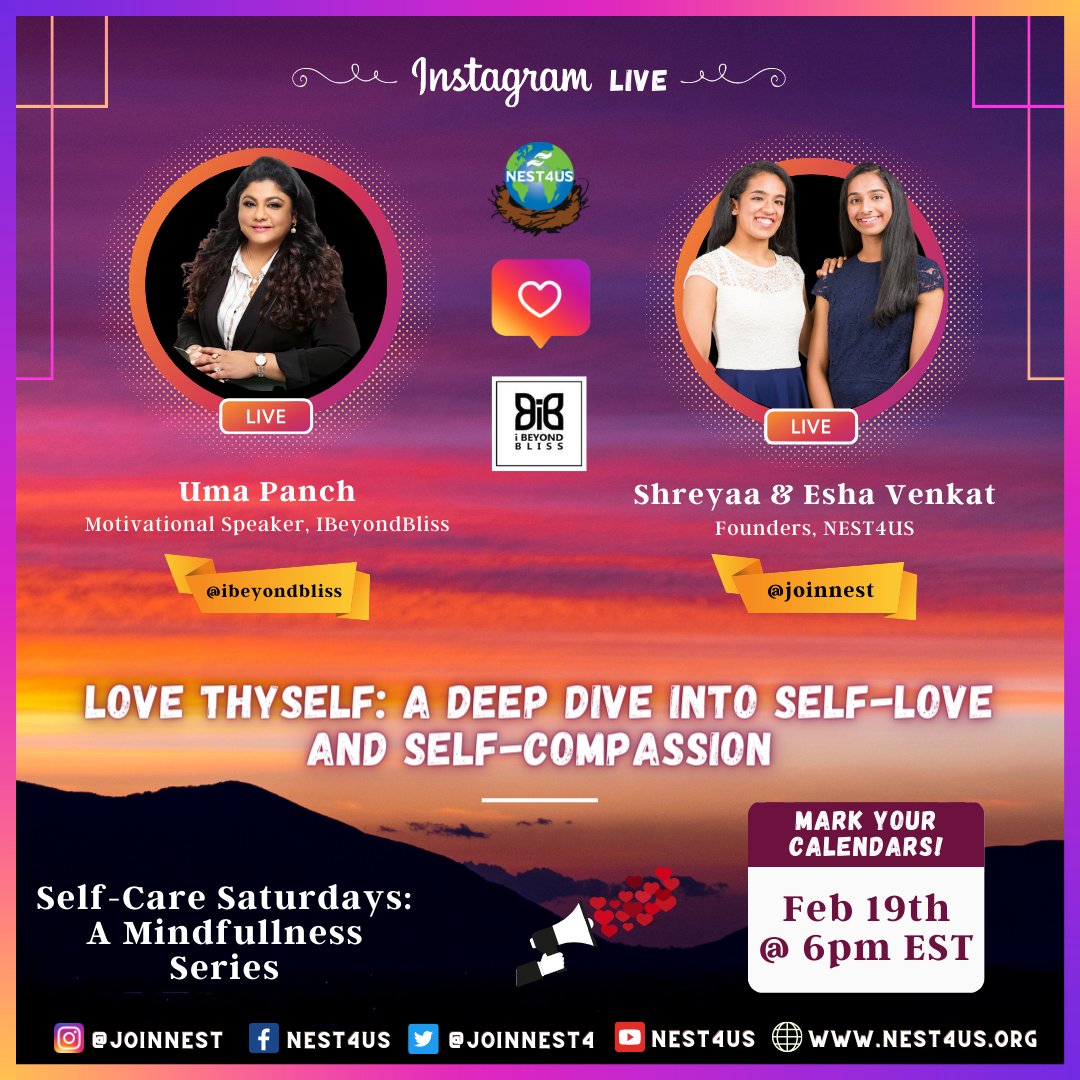 joinnest4's tweet photo. #Selfcare is giving the world the best of you instead of what's left of you. Join us for our #InstagramLive with #motivational #speaker Uma Panch from #Australia! 😍 #NEST4US #NESTInspires #Empathy #Mindfulness #Positivity #Love #Compassion #MentalHealth https://t.co/TnRs0vUSVw https://t.co/HCS5G9IEbA