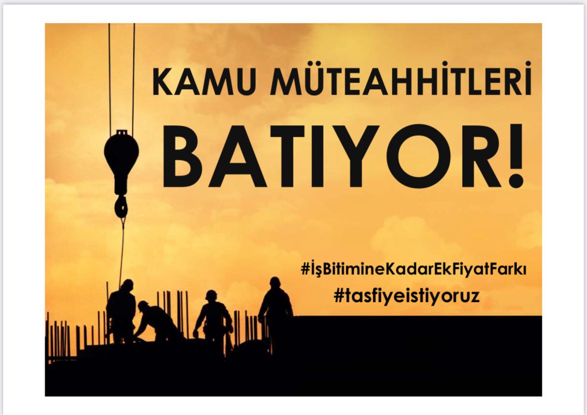 KAMU MÜTEAHHİTLERİ İFLASIN EŞİĞİNDE, BU ÇAĞRIYI DUYUN!

1) İŞ BİTİM TARİHİ’ne kadar Ek Fiyat Farkı,

2) YAPTIRIMSIZ ŞARTSIZ TASFİYE talep ediyoruz. 

#İşBitimineKadarEkFiyatFarkı

#tasfiyeistiyoruz

<a href="/RTErdogan/">Recep Tayyip Erdoğan</a>

<a href="/fuatoktay/">Fuat Oktay</a> 

@nureddinnebati

<a href="/murat_kurum/">Murat KURUM</a>

<a href="/TelliogluTahir/">Tahir Tellioğlu</a>