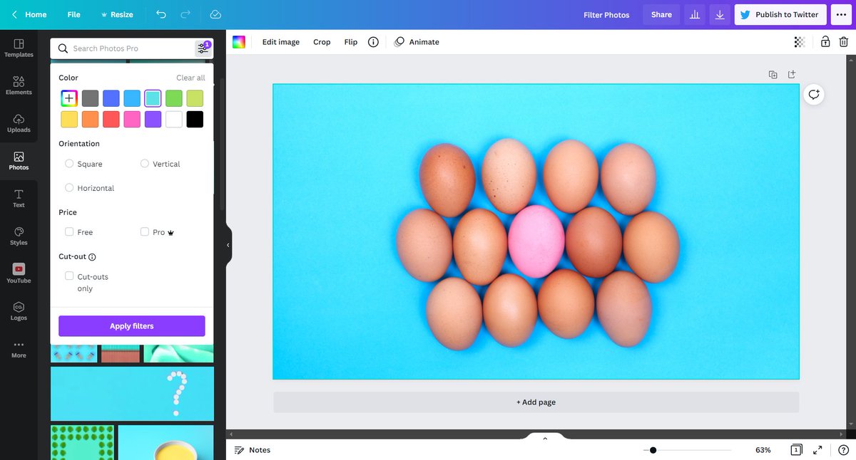 jayleejanet's tweet image. 7/ find photos on @canva based on colors 📸
1️⃣ from left side, select 'photos'
2️⃣ click on the filter icon on top
3️⃣ add or select the color and other filters you want to include
4️⃣ apply filters