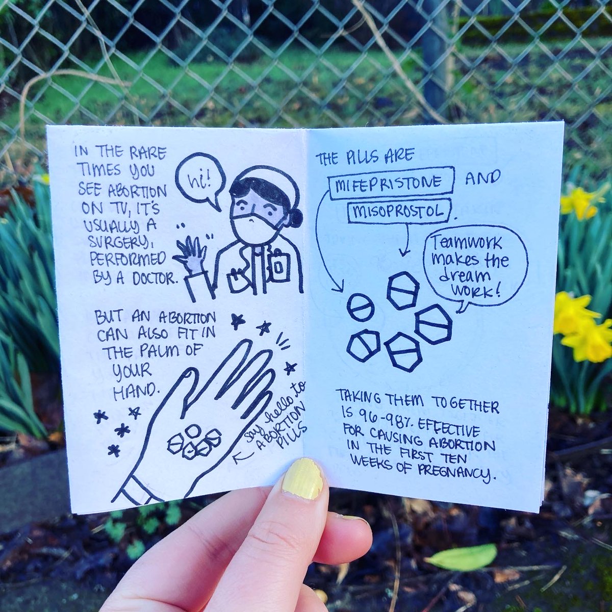 mirkwork's tweet photo. I think a lot of people don't know about medical abortions—aka abortion pills—so I made this lil zine! (with alt text!) This is also available as a free PDF for download and distribute: https://t.co/l5cpXEAuKo https://t.co/mf67ueDIiW
