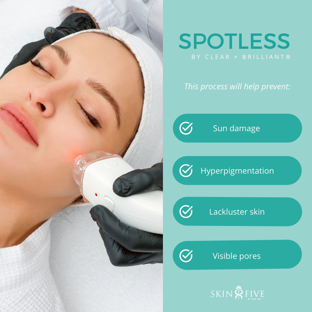 Prevent visible signs of aging that can be caused by the sun and environment by being proactive with our treatment, Spotless by Clear &amp; Brilliant®.

Contact us: 
💌 info@skinfive.com
☎️ Century City: (424) 313-8242
☎️ Pacific Palisades: (424) 322-8780

#medspa #skinfivebyavamd