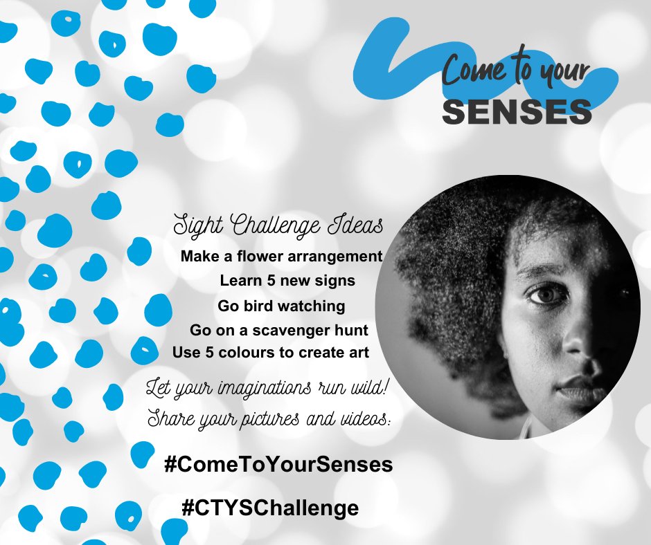 DeafBlindON's tweet photo. You're wanting to participate in the #ComeToYourSenses challenge but not sure where to start? Here are some ideas of activities that will inspire your visual senses!
#CTYSChallenge 👀 👆 👅 👃
For more info on how to participate in this virtual challenge: https://t.co/qRUaKsjQRG https://t.co/zcNsBjmyas