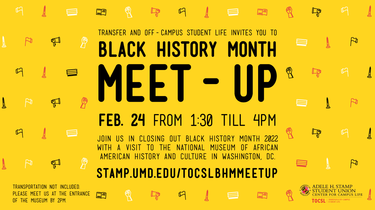 UMDTOCSL's tweet photo. TOCSL Terps! We have a ✨special #BHM  meet-up✨ just for you! Celebrate the rich history &amp; legacy of Black people this month by visiting the National Museum of African-American History &amp; Culture w/ us! ✊🏿✊🏾✊🏽

RSVP at https://t.co/KEPIwD5Pf8. Cant wait to see you there! 👀 https://t.co/C0xEeT2KZh