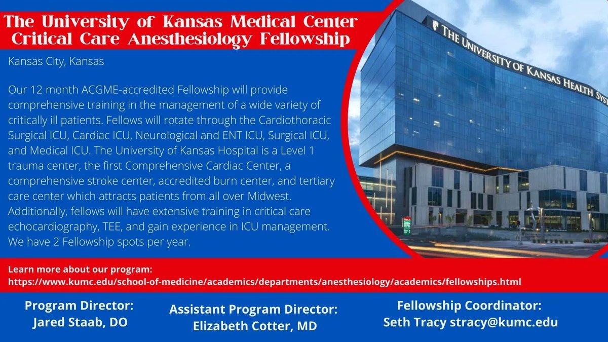 Society of Critical Care Anesthesiologists (@socca_critcare) on Twitter photo #ApplyACCM #CriticalCareFellowship Learn more about the fellowship program at the University of Kansas buff.ly/34CWE16 <a href="/KU_CCM/">KU Anesthesia Critical Care</a> <a href="/KU_Anesthesia/">KU Anesthesiology</a> #ApplyACCM #CriticalCareFellowship Learn more about the fellowship program at the University of Kansas buff.ly/34CWE16 <a href="/KU_CCM/">KU Anesthesia Critical Care</a> <a href="/KU_Anesthesia/">KU Anesthesiology</a>