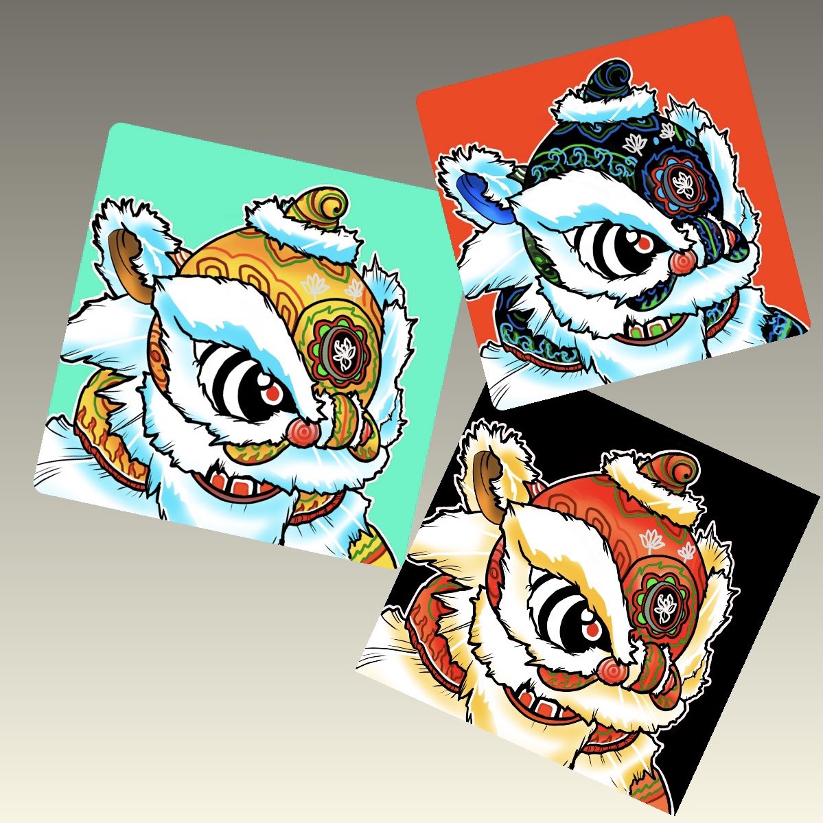 SEAsianTC's tweet photo. Set of 3 Chinese Southern Dancing Lion NFT up for bids! Black Water, Wong Gold, and Imperial Red. Place bids on Opensea! Link in bio

#chineselion #NFT #nftcollectors #nftart #nftartist #nftdrop #nftcollection #nftchina #nftcommunity #chinesenft #nftlaunch #nftgallery https://t.co/cAtkQ9G80Q
