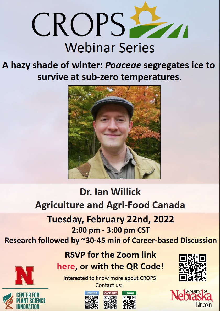 CropsUNL's tweet image. Join CROPS next Tuesday at 2pm CST on Zoom, for a great talk by @Ian_Willick on cold tolerance in Poaceae! RSVP for Zoom info tinyurl.com/4vvna6mr
@UNL_PSI @unlagrohort @UNL_PlantPath @UNLpda