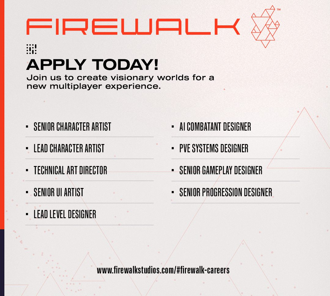 We’re partnering with @PlayStation on an exciting, new multiplayer IP. Check out our latest open positions at firewalkstudios.com/#firewalk-care…