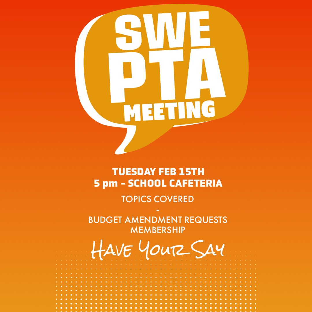 SWEPTATX's tweet photo. PTA Membership Meeting TODAY! Everyone is welcome!

We’ll have a collaborative poster the entire family can work on after our official business is completed along with complimentary refreshments! 

5pm  in the Settlers Way Elementary school cafeteria https://t.co/vDKmwhsDkK